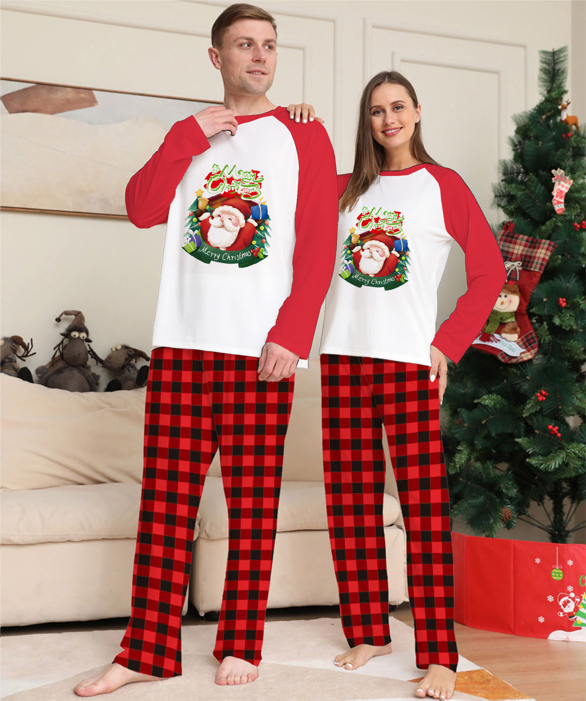 Create Cherished Holiday Moments with Our Christmas Parent Child Clothes Set Featuring Long Sleeve T Shirts and Plaid Pants for Perfect Family Matching Pajamas