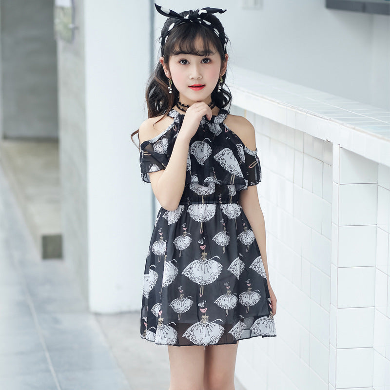 Korean Chic Summer New Fashion Chiffon Print Skirt for Big Kids Girls