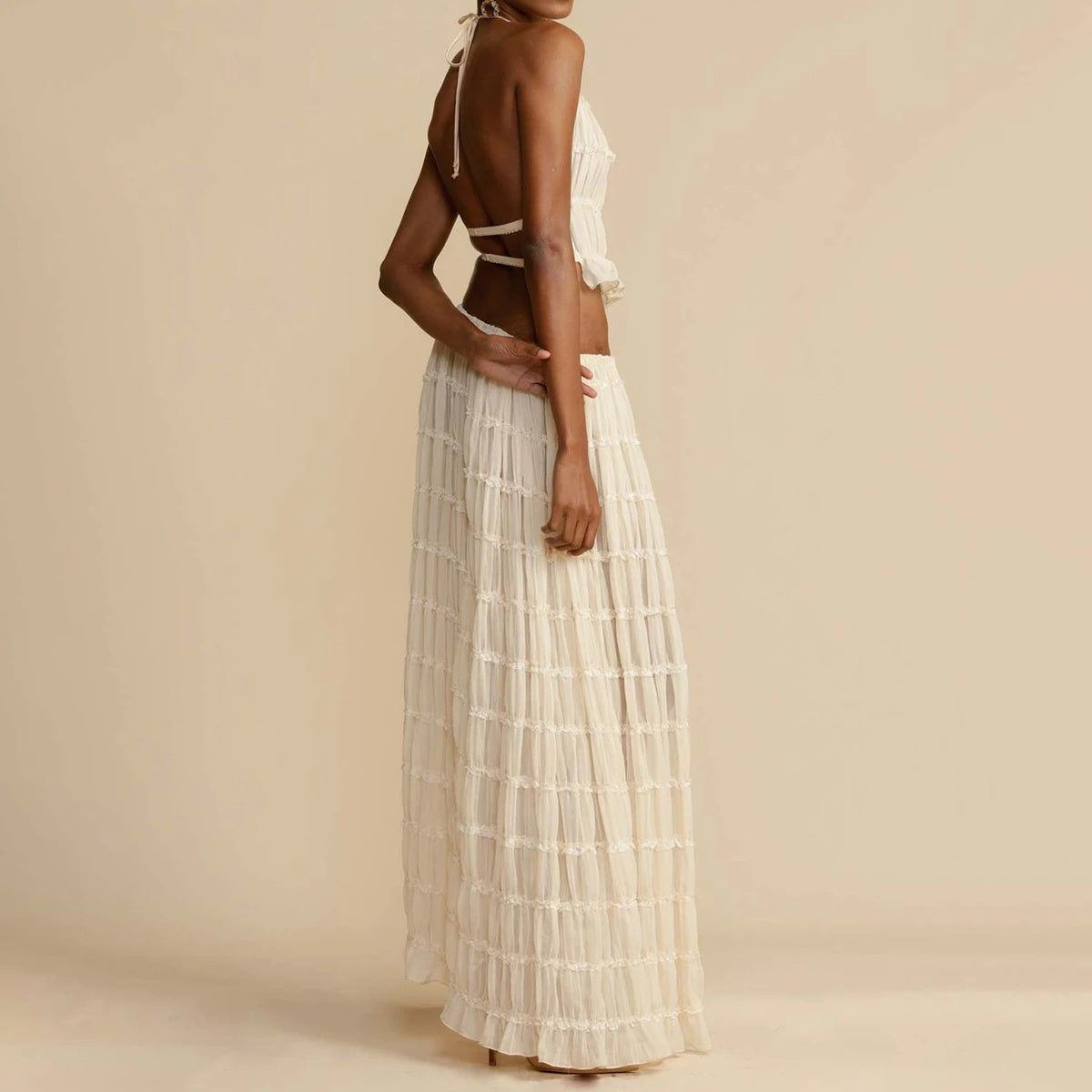 Graceful Ensemble Sleeveless Backless Cropped Halter Top and Pleated Long Dress Set for Women