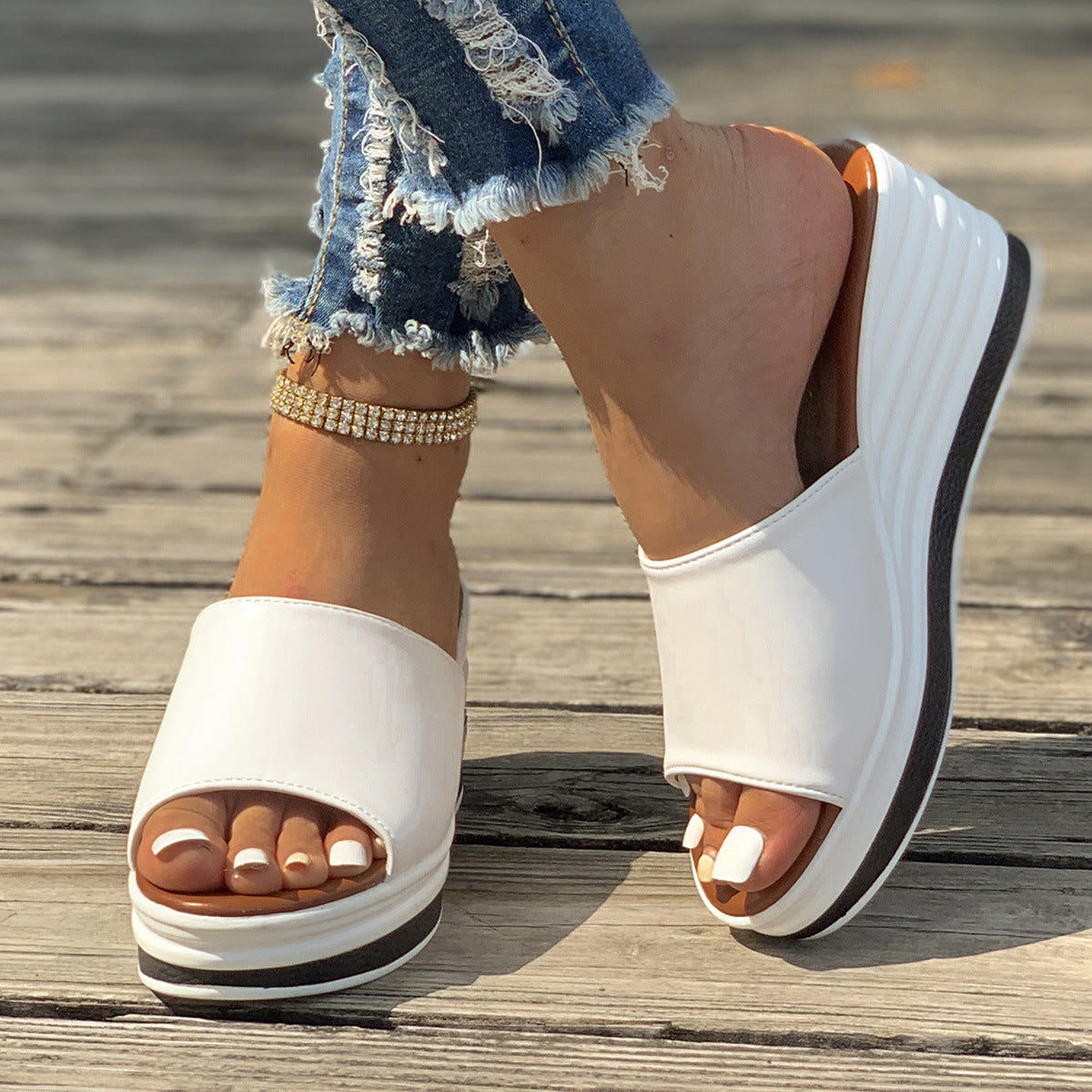 Ocean Breeze Chic Fish Mouth Wedges Sandals with Hollow Design High Heels Slides for Stylish Casual Beachwear