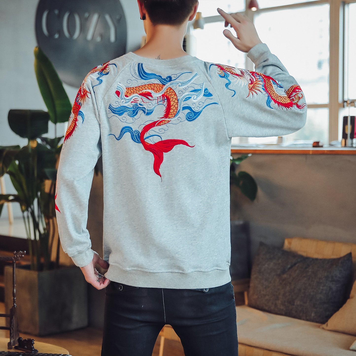 Oversized Dinosaur Knit Sweater for Men - Vintage Design