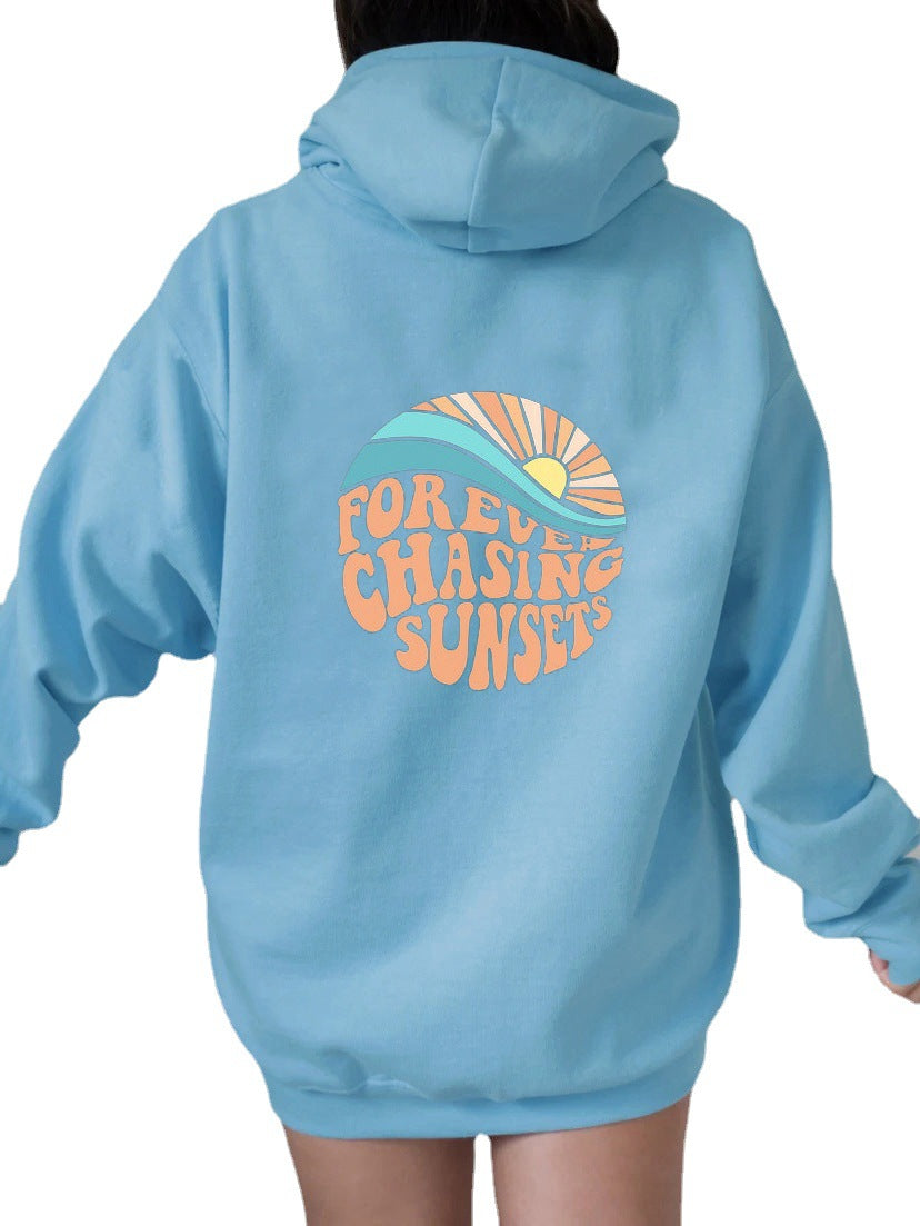 Fleece-lined Sunset Print Hoodie for Women - Workout Comfort