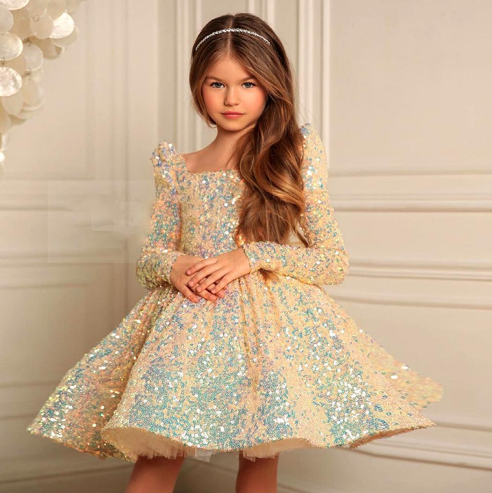 Graceful Charm: Long Sleeve Pleated Princess Dress for Girls