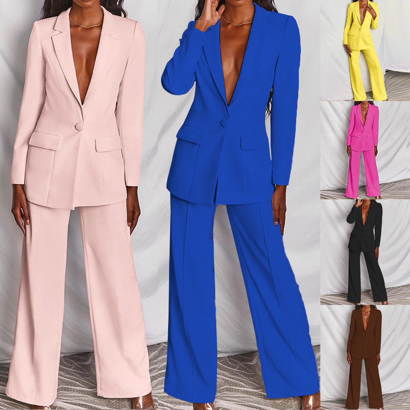 Business Women Long Sleeve Trousers Suit Blazer Jacket and Wide Leg Pants Set