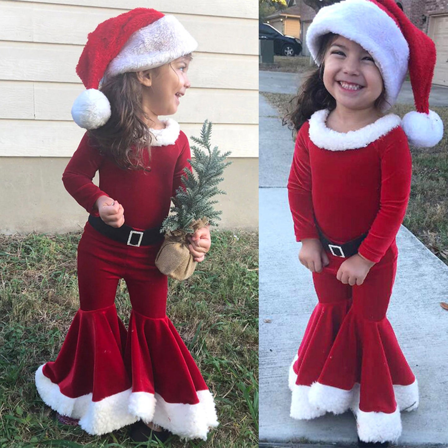 Christmas Cozy Kids Set Long Sleeved Shirt Bell Bottoms and Hat Ensemble for Festive Comfort