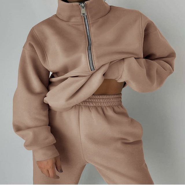 Sportswear Long Sleeve Sweatshirt And Trousers For Spring Fall Women's Clothing Stand Collar Suit Zip Up Crop