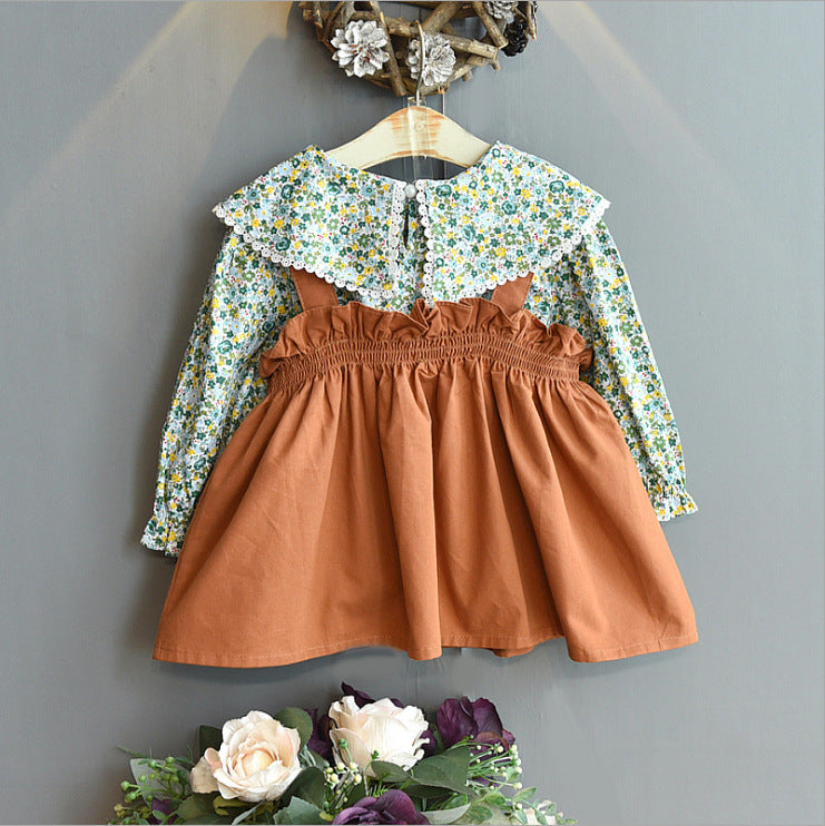 Girls Floral Shirt Suspender Skirt Two-piece Suit