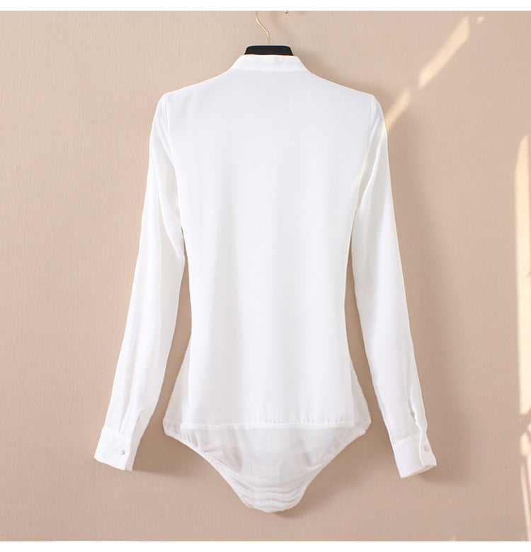 Chic Elegance Stand Collar Organ Pleated Chiffon Shirt Effortlessly Stylish One Piece Design