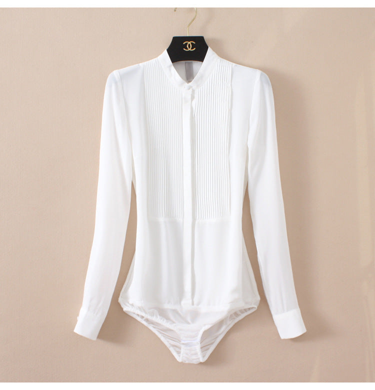 Chic Elegance Stand Collar Organ Pleated Chiffon Shirt Effortlessly Stylish One Piece Design