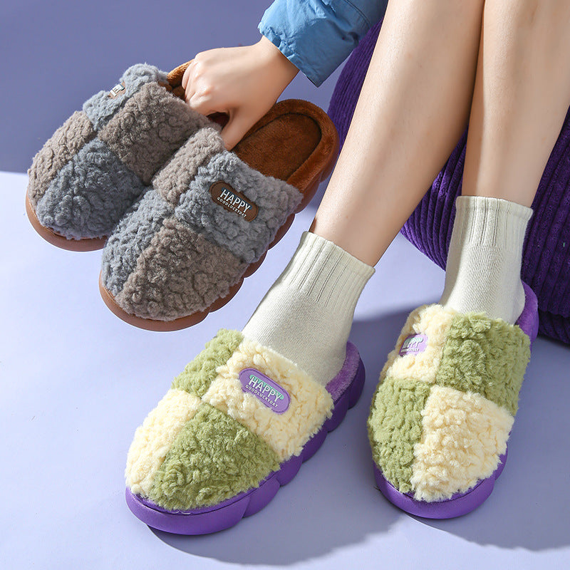 Color Matching Winter Plush Slippers Anti Slip House Shoes for Cozy Comfort