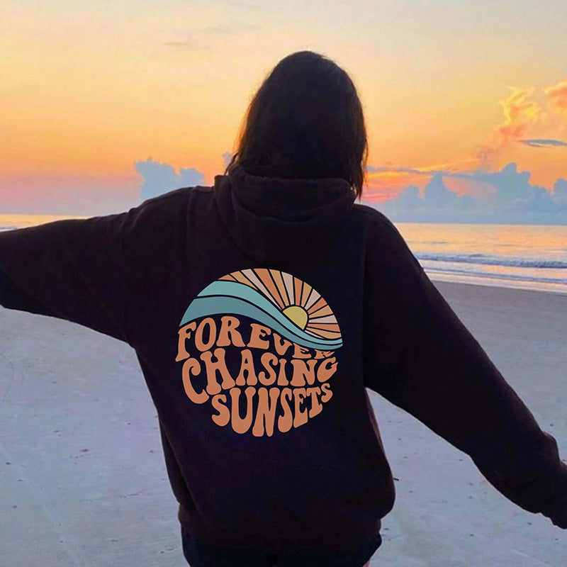 Fleece-lined Sunset Print Hoodie for Women - Workout Comfort