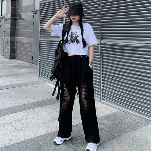 Women's Loose Hollow Butterfly Straight-Leg Ankle-Banded Pants: Fashionable Style