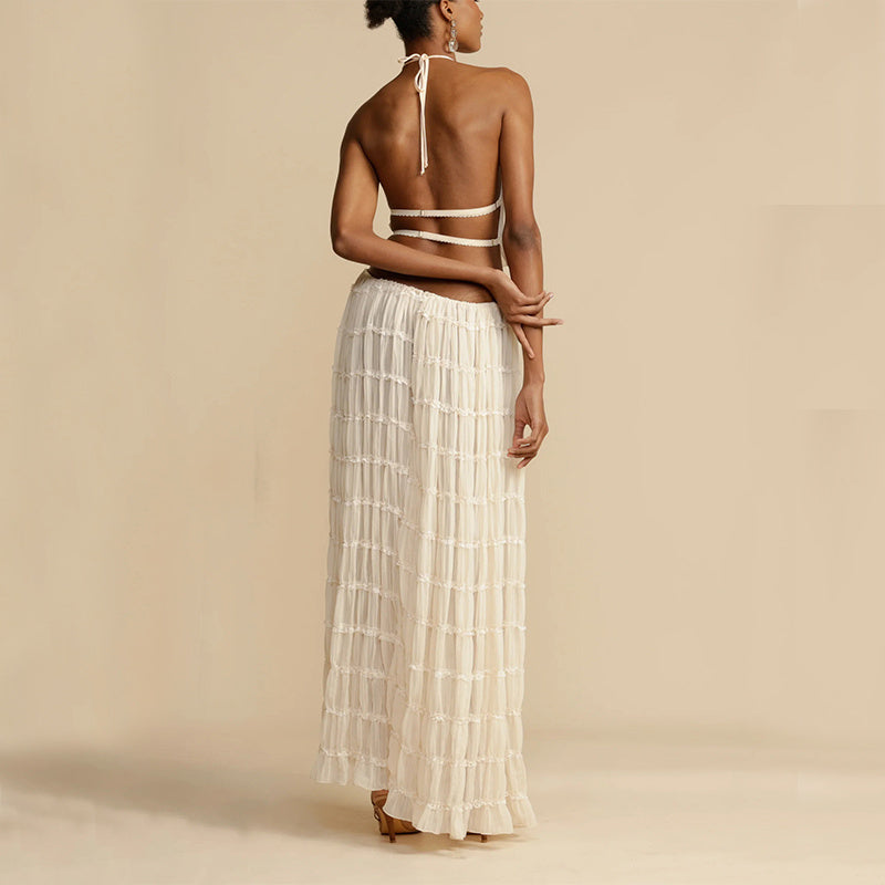 Graceful Ensemble Sleeveless Backless Cropped Halter Top and Pleated Long Dress Set for Women