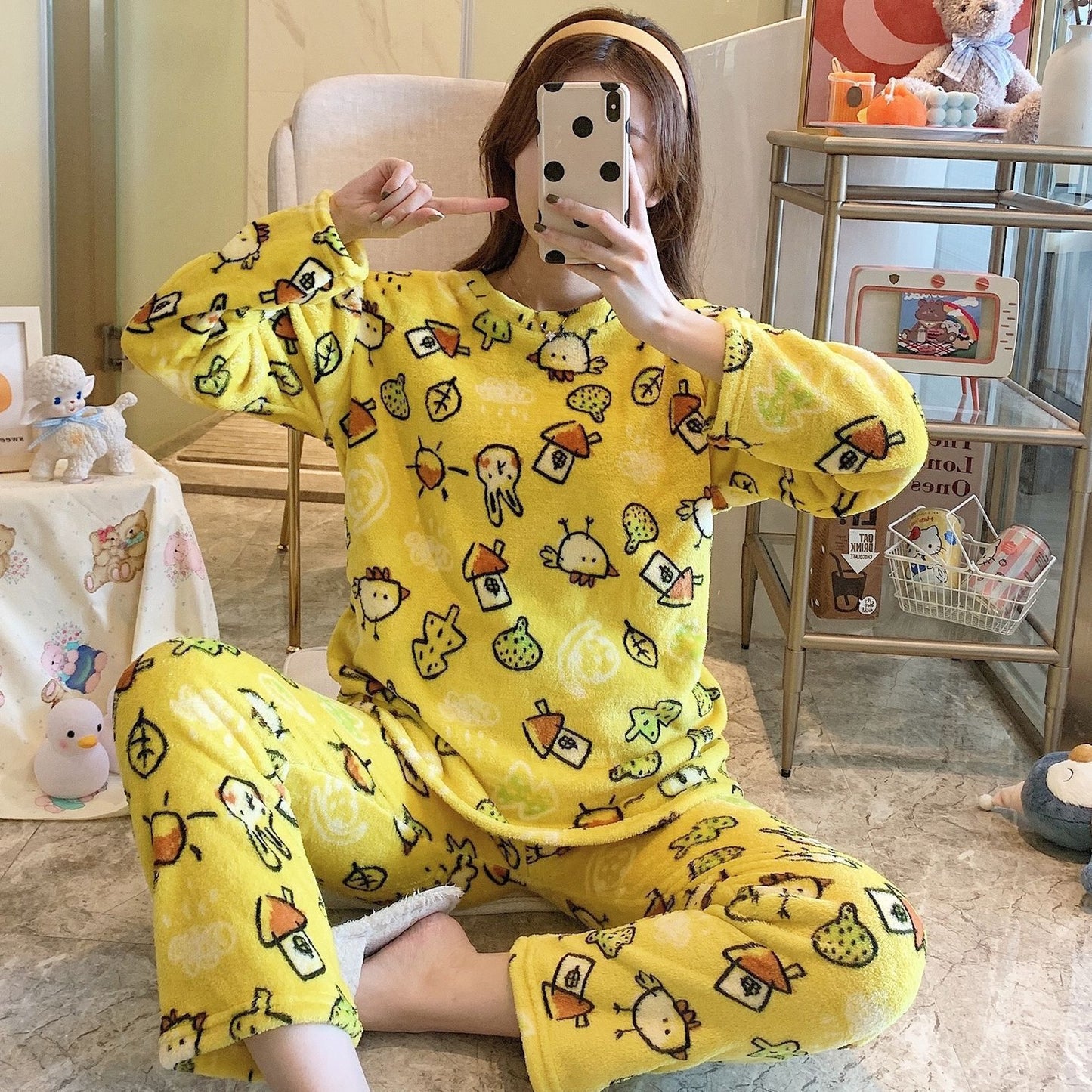 Warm and Cozy Winter Sleepwear for Women Cartoon Print Pajama Set for a Playful Night Rest