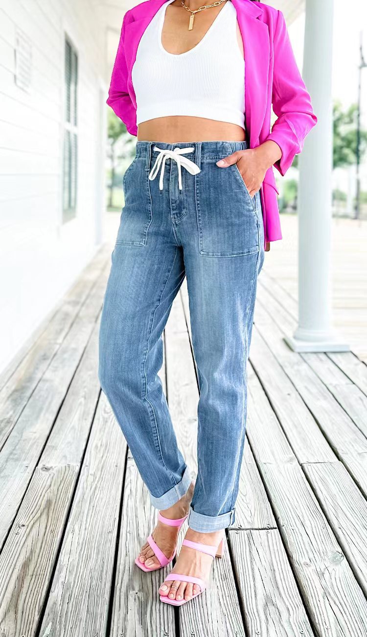 Women Wide Leg Jeans High Waist Baggy Jeans Loose Boyfriend Jeans Denim Pants Oversized Straight Trousers Women's Drawstring Jeans Fashion Pants