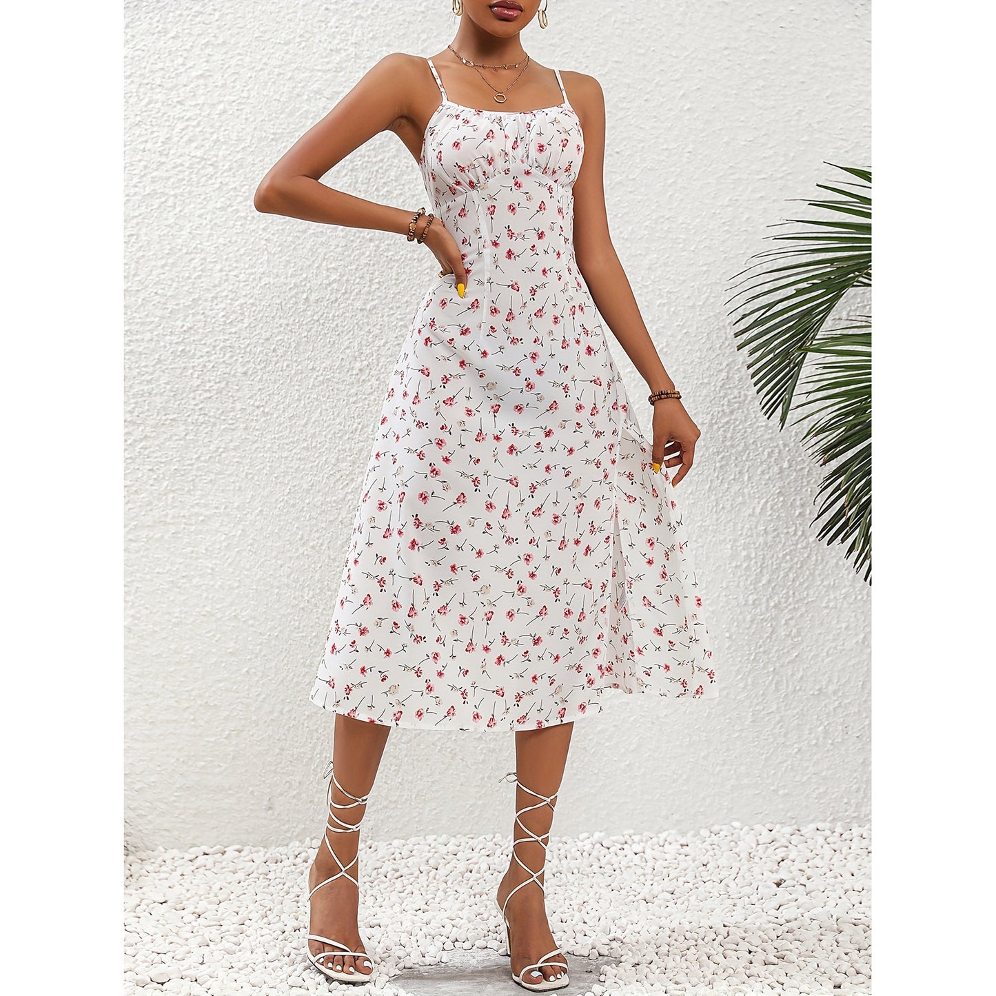 Summer Chic New Polka Dot Print Suspender Dress with Sexy Slit Long Dress for Women Clothing