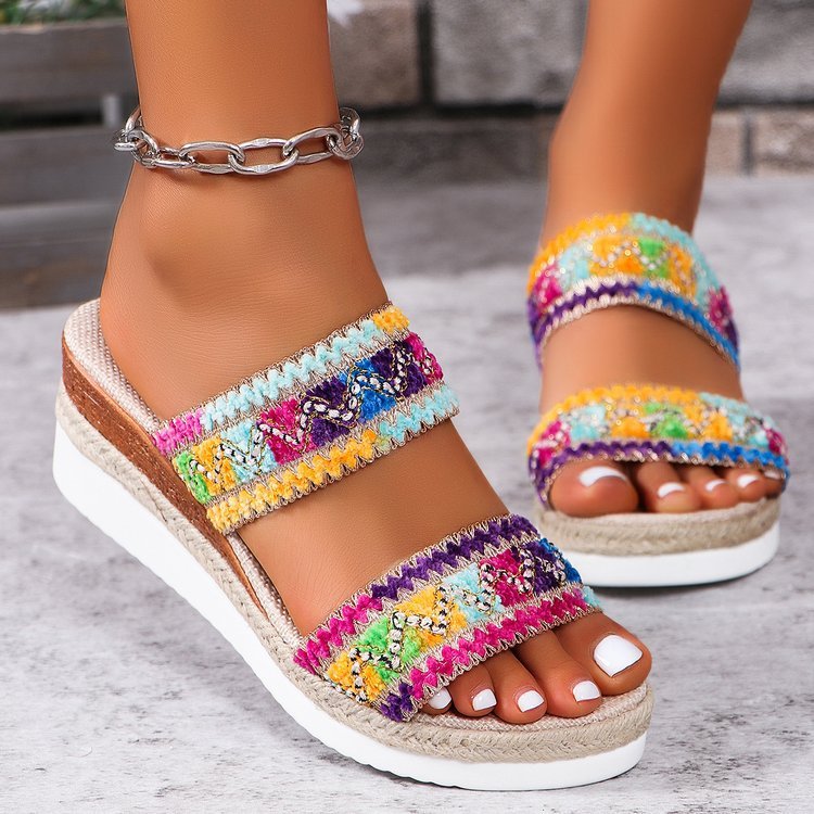 Ethnic Elegance Wavy Pattern Woven Sandals with Linen Bottom Wide Strap Wedges for Stylish Summer Comfort