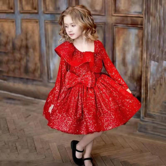 Graceful Charm: Long Sleeve Pleated Princess Dress for Girls