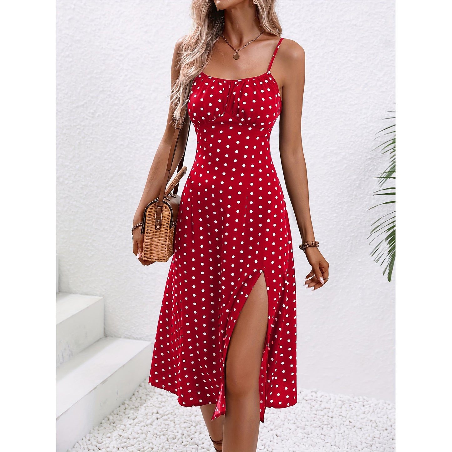 Summer Chic New Polka Dot Print Suspender Dress with Sexy Slit Long Dress for Women Clothing