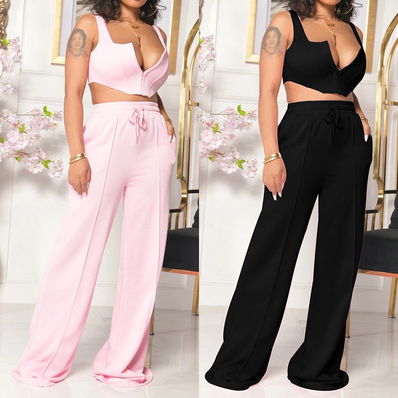 Women's Clothing Solid Color Sexy Top Loose Mop Wide Leg Pants Two-piece Set