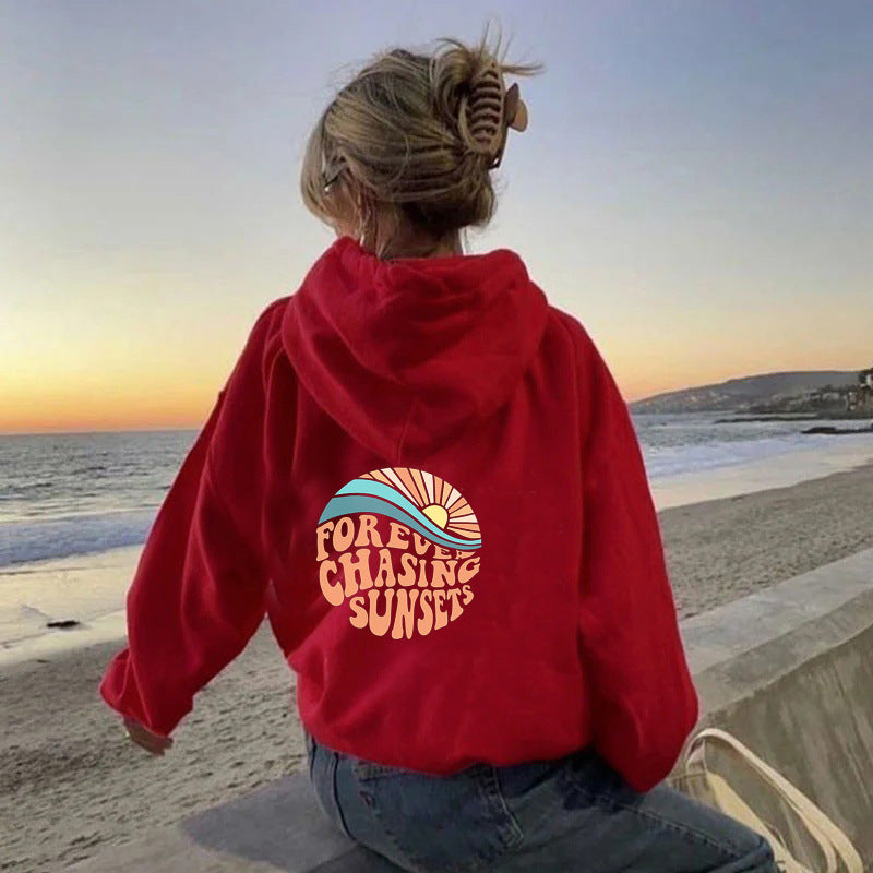 Fleece-lined Sunset Print Hoodie for Women - Workout Comfort