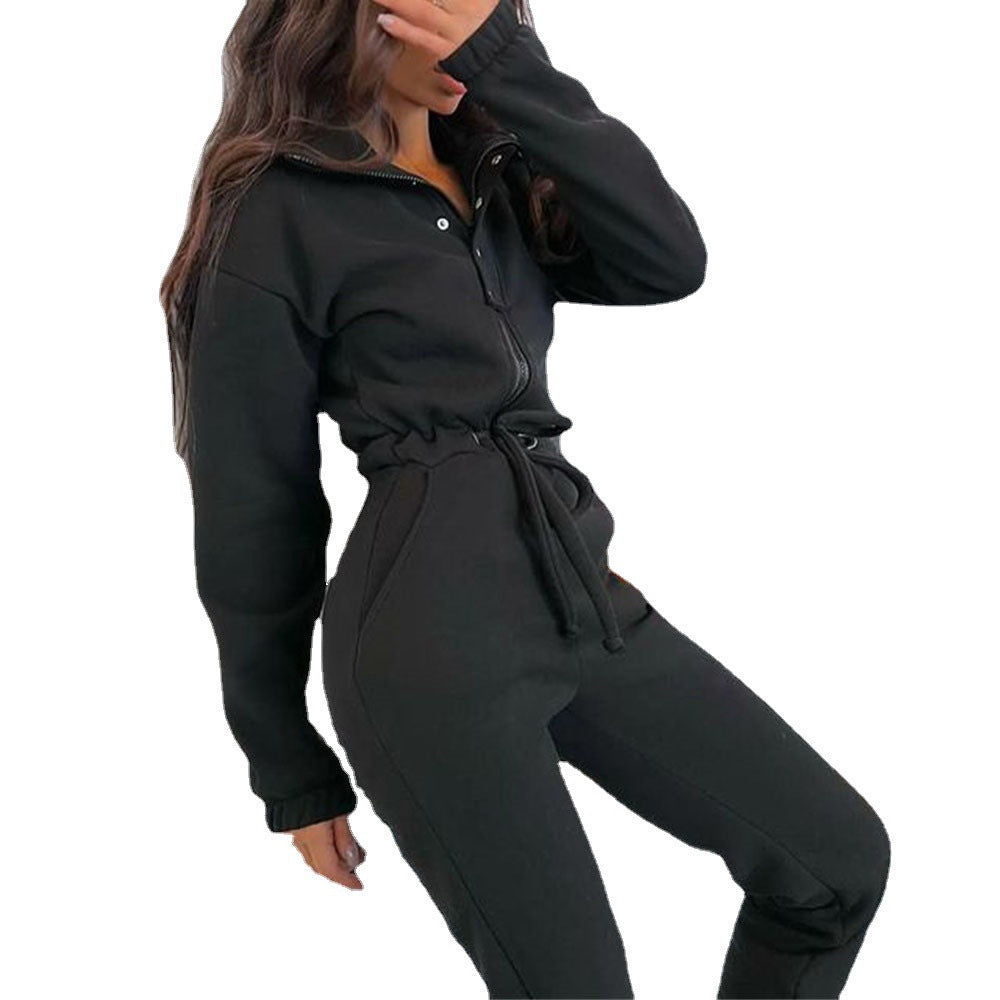 Effortless Style Stand Up Collar Cinched Jumpsuit with European and American Leisure Flair