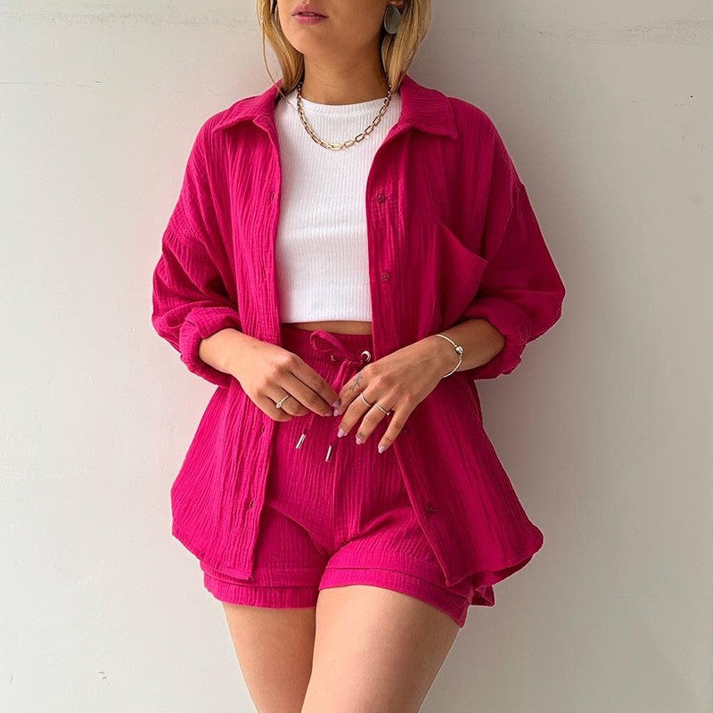 Spring Champray Outfits Lapel Long Sleeve Shirt High Waist Drawstring Shorts Plus Size Fashion Casual Set