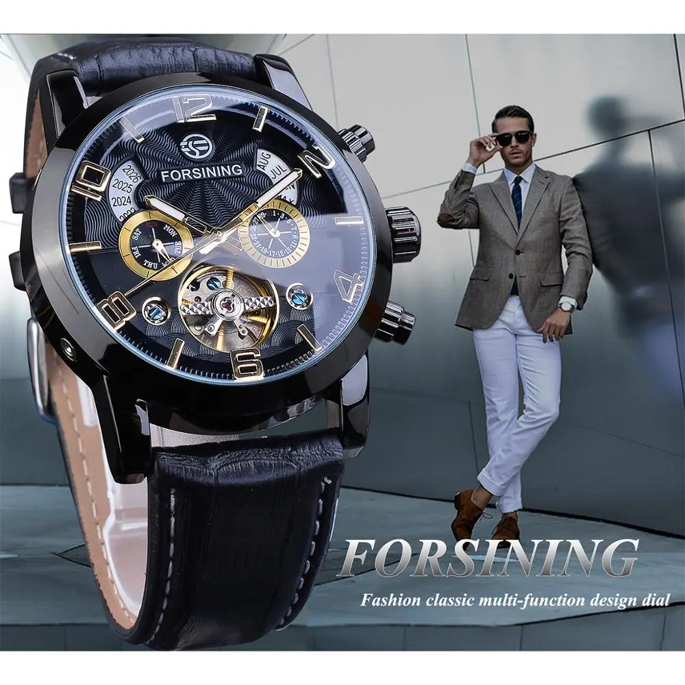 Forsining Tourbillion Men's Automatic Mechanical Watch: A Top Brand Luxury Timepiece with Fashionable Black and Golden Accents, Multi-Function Display