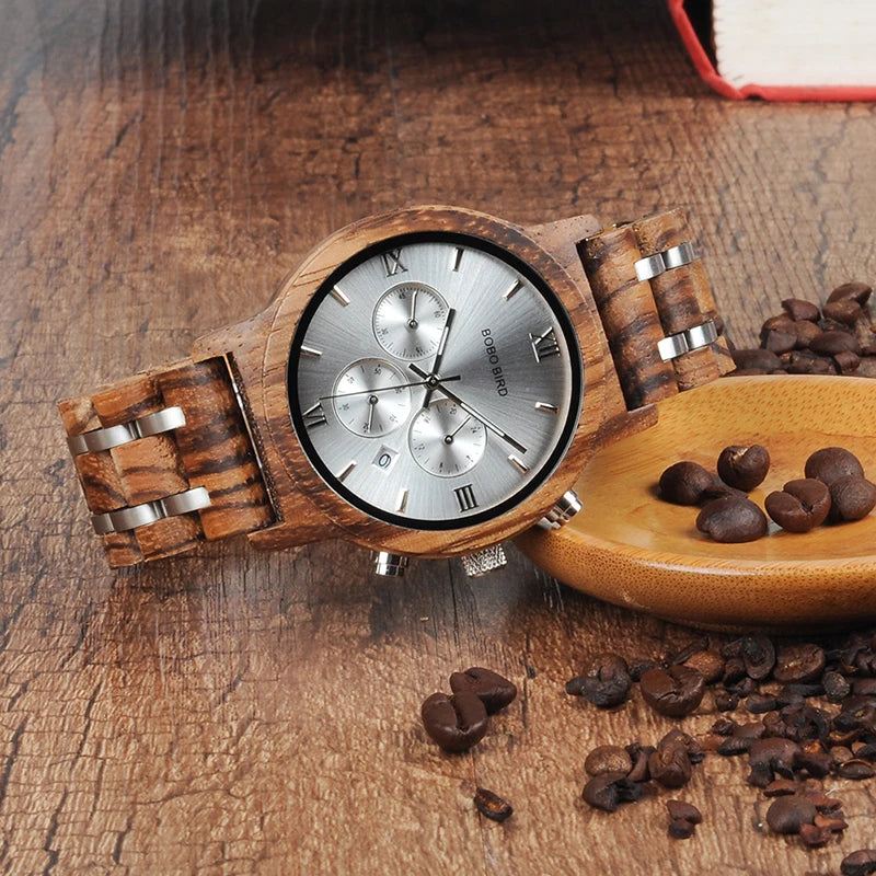 BOBO BIRD P19 Wooden Men Quartz Watch Date Display Business Watch with Ebony Zebrawood Design