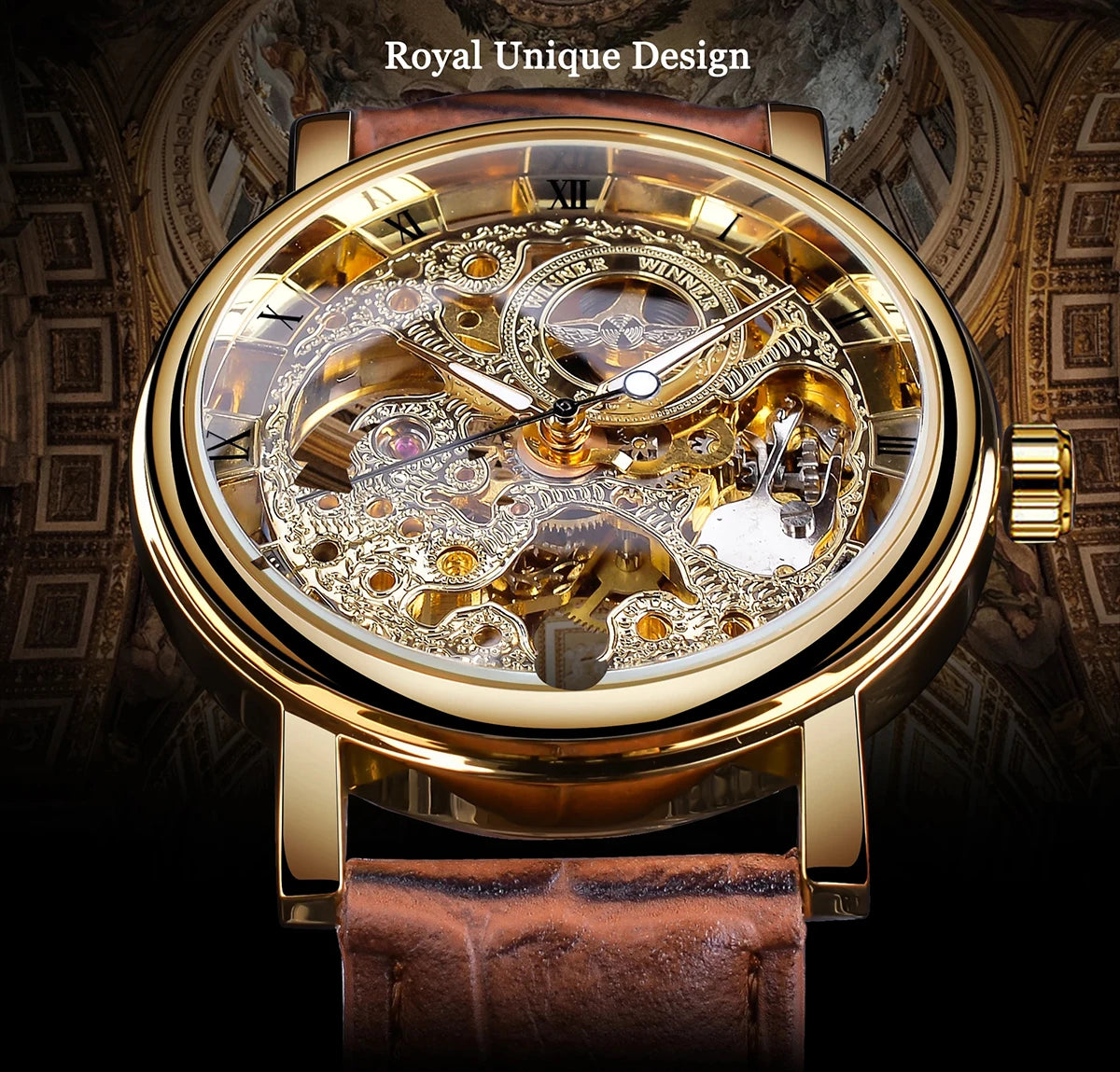 Winner's Elegance Transparent Golden Luxury with a Casual Design – Mechanical Skeleton Watch for Men with a Brown Leather Strap