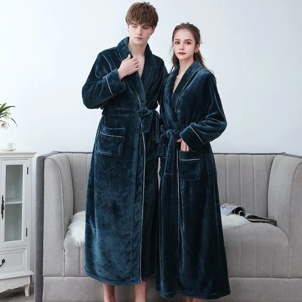 Winter Flannel Soft Kimono Gown Lovers Ultra Large Long Bathrobe Nightwear Thick Warm Women Sleepwear