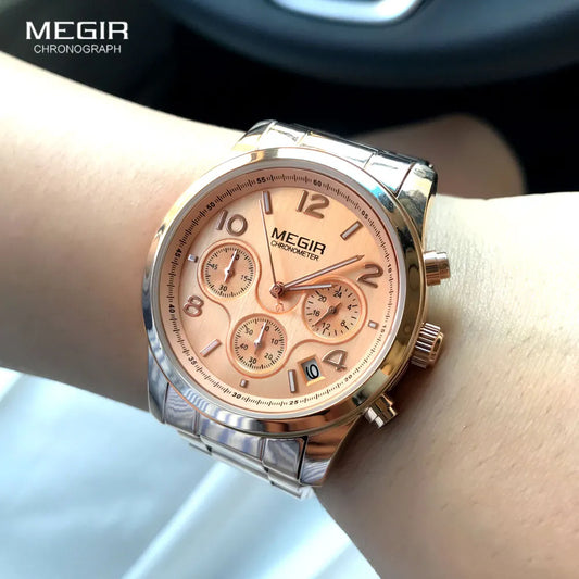 Megir Ladies Watch Chronograph Quartz Watches Women Top Brand Luxury Rose Gold Wristwatch