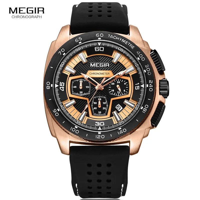 Megir Males Mens Chronograph Sport Watches with Quartz Movement Rubber Band Luminous Wristwatch for Man Boys 2056G-1N0