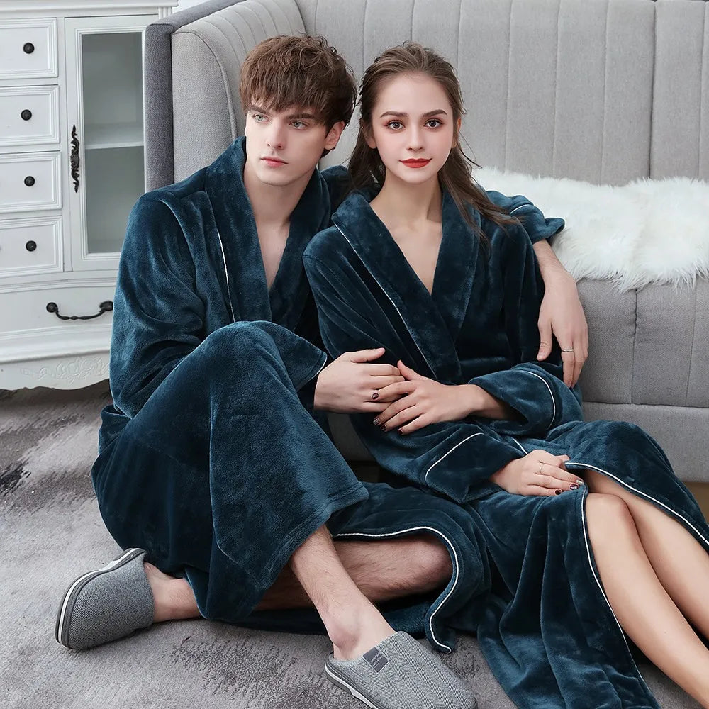 Winter Flannel Soft Kimono Gown Lovers Ultra Large Long Bathrobe Nightwear Thick Warm Women Sleepwear