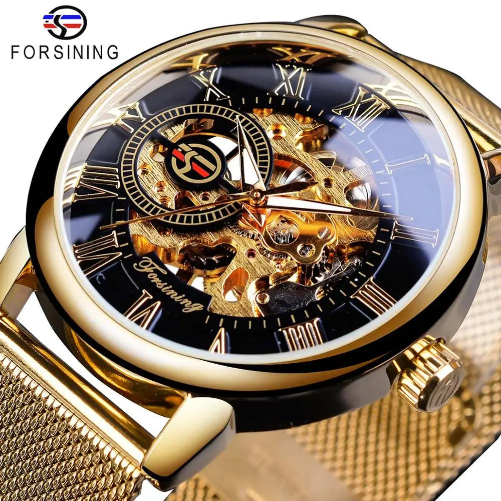 Forsining Top-Brand Luxury: 2017 Fashion Mechanical Skeleton Men's Watch with Transparent Case and 3D Logo Engraving