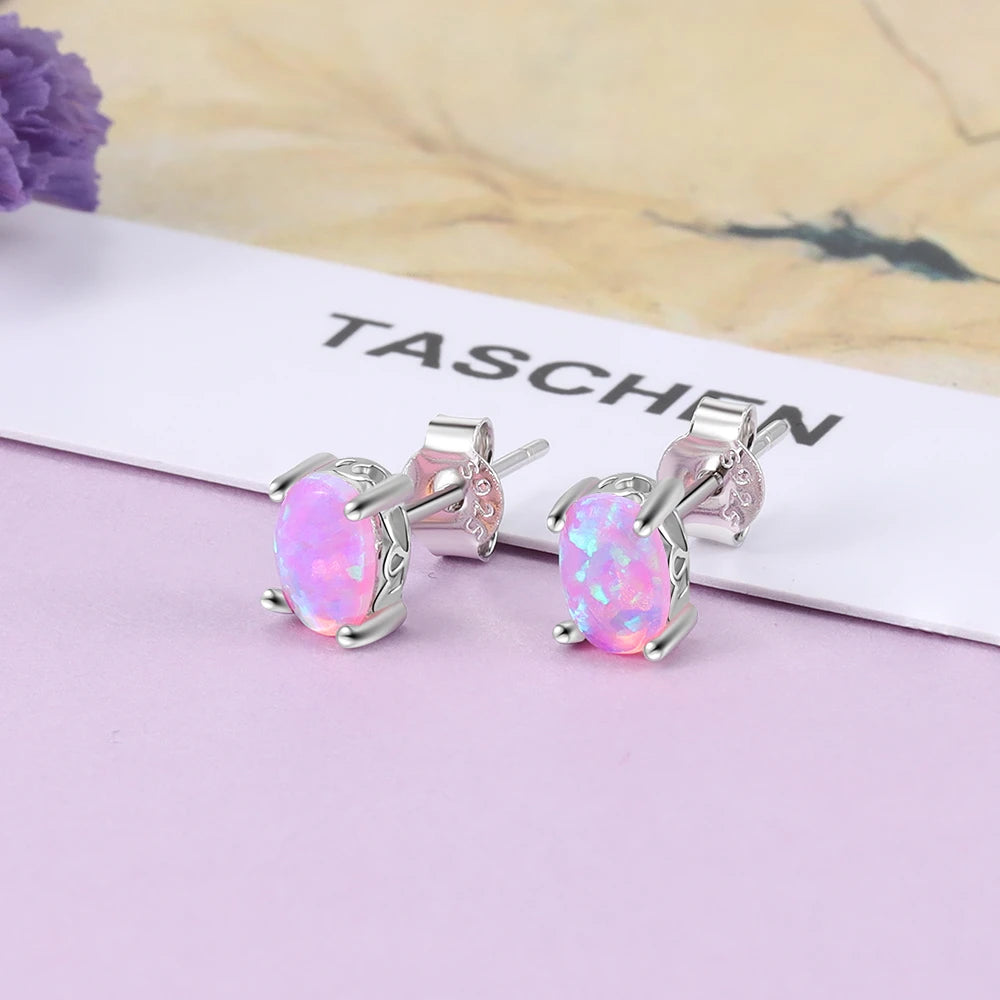 Earrings for Women Cute 4mm Created Oval White Pink Blue Fire Opal Earrings Fine Jewelry (Lam Hub Fong)