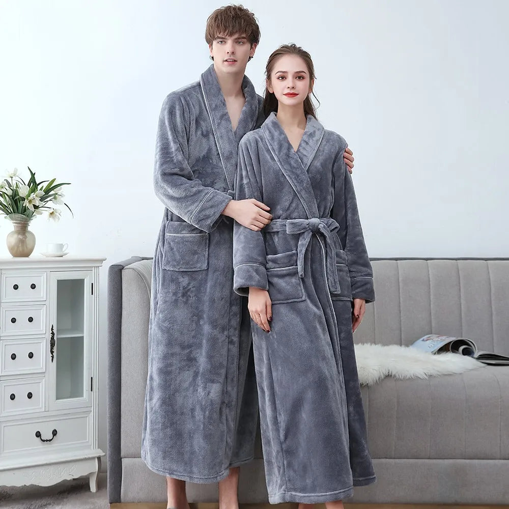 Winter Flannel Soft Kimono Gown Lovers Ultra Large Long Bathrobe Nightwear Thick Warm Women Sleepwear