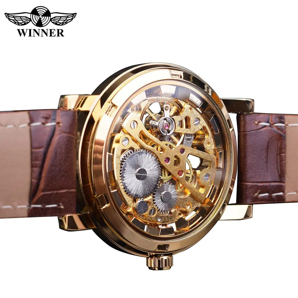 Winner's Elegance Transparent Golden Luxury with a Casual Design – Mechanical Skeleton Watch for Men with a Brown Leather Strap