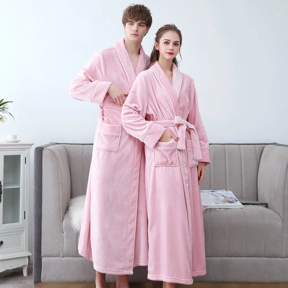 Winter Flannel Soft Kimono Gown Lovers Ultra Large Long Bathrobe Nightwear Thick Warm Women Sleepwear