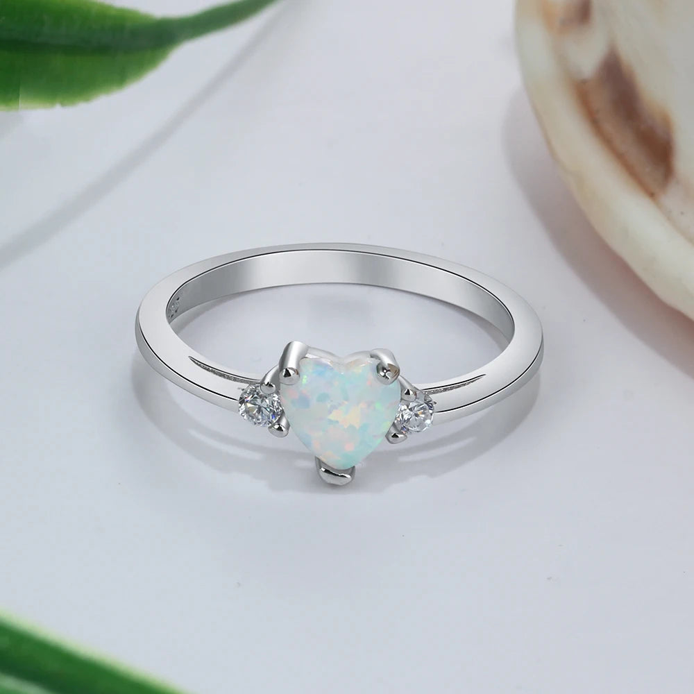 Romantic Silver Color Heart Ring Created Pink Blue White Fire Opal & CZ Wedding Rings for Women ( JewelOra RI103690)