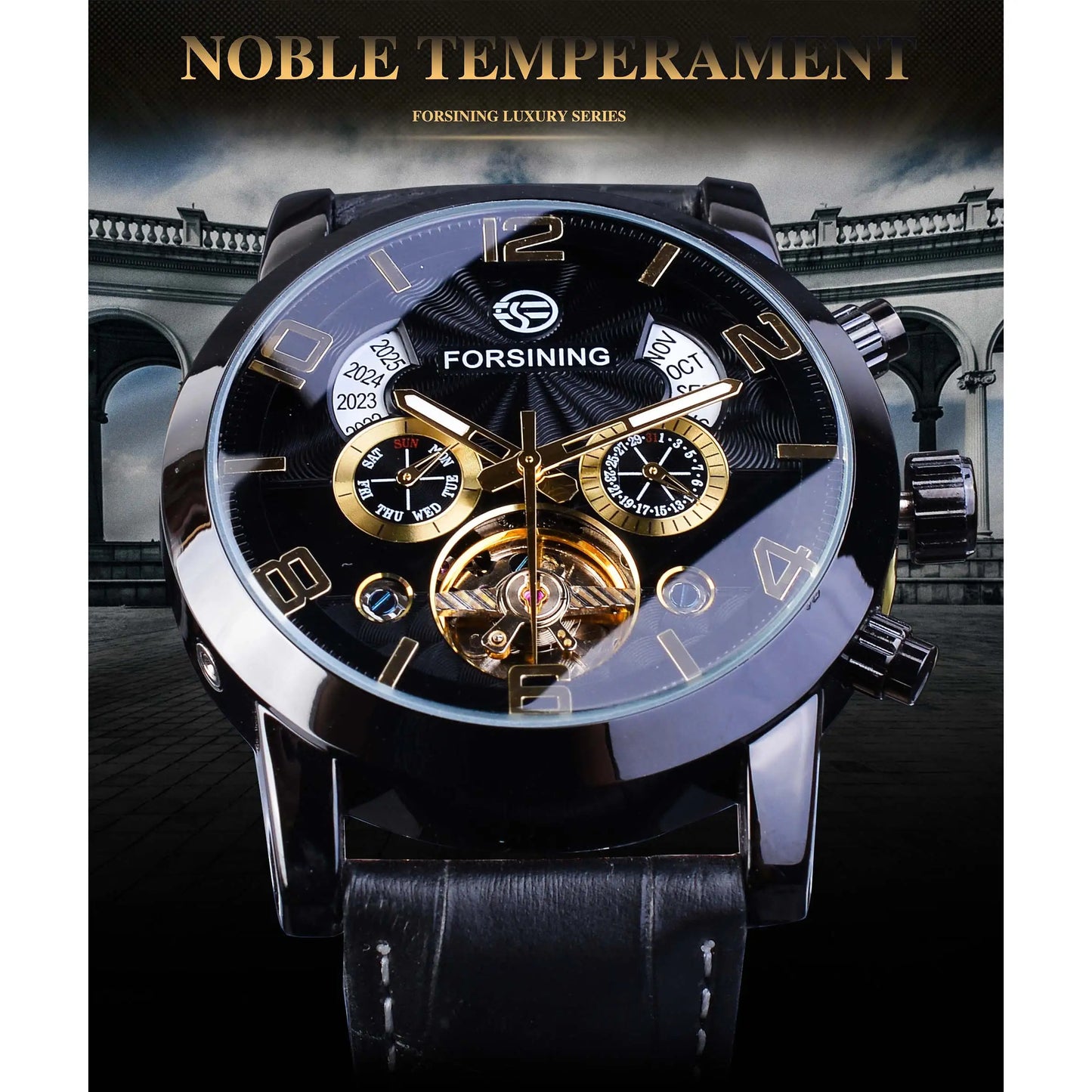 Forsining Tourbillion Men's Automatic Mechanical Watch: A Top Brand Luxury Timepiece with Fashionable Black and Golden Accents, Multi-Function Display