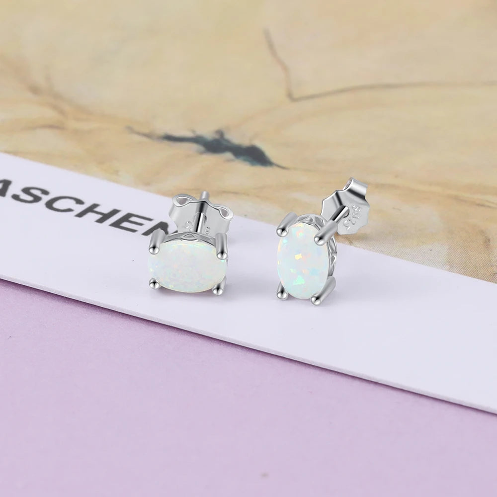 Earrings for Women Cute 4mm Created Oval White Pink Blue Fire Opal Earrings Fine Jewelry (Lam Hub Fong)