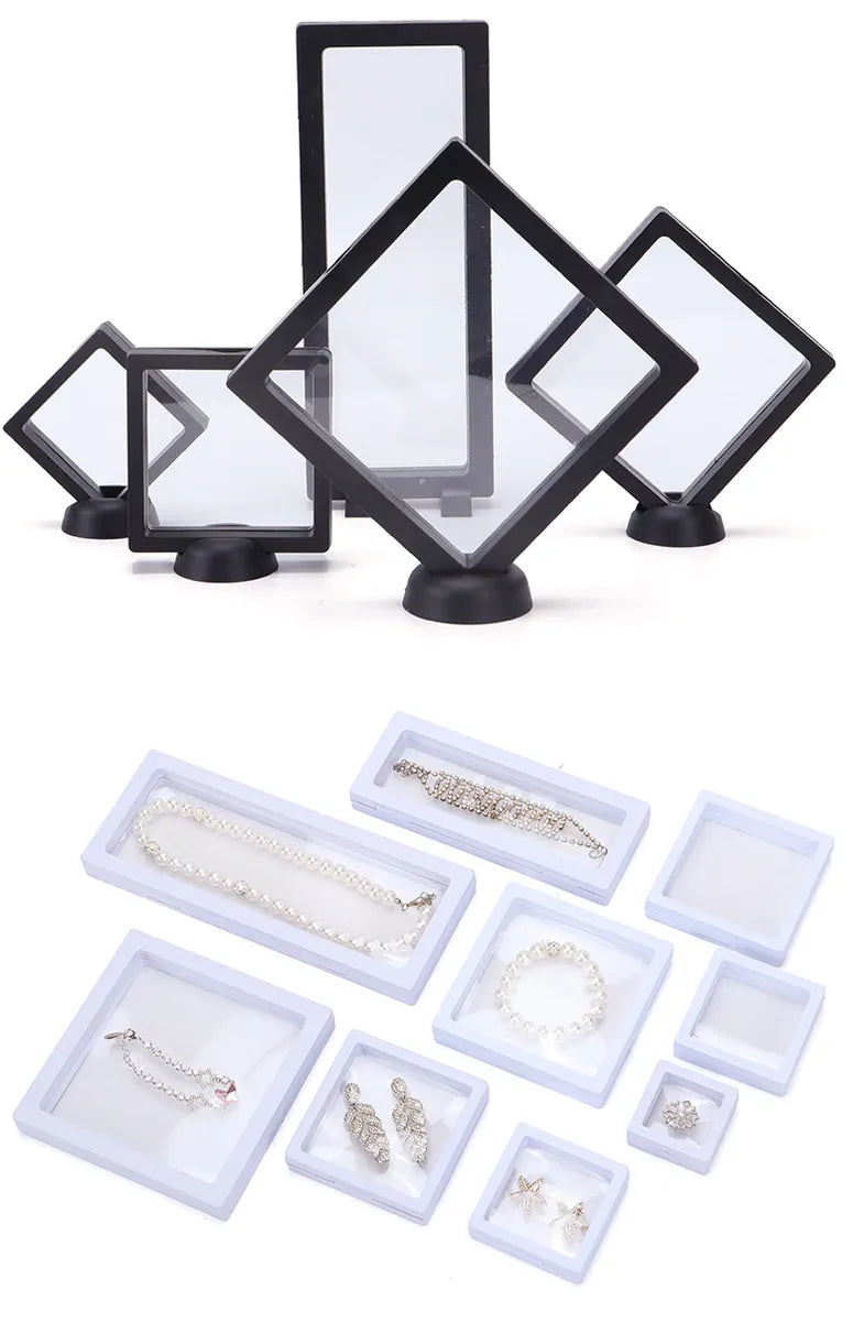 Jewelry Storage Box 3D Packaging Case Gemstone Free Stand Floating Frame Membrane Ring Earrings Necklace Display Holder