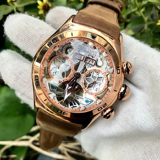 Men's Skeleton Luminous Sport Watch with Automatic Movement, Showcasing Year, Month, Date, and Day in Elegant Rose Gold