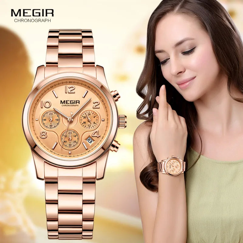 Megir Ladies Watch Chronograph Quartz Watches Women Top Brand Luxury Rose Gold Wristwatch