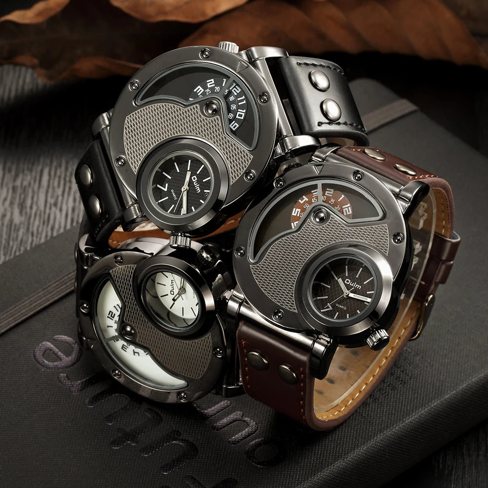 Oulm Dual Time Military Quartz Watch – Casual Style, Antique Design.