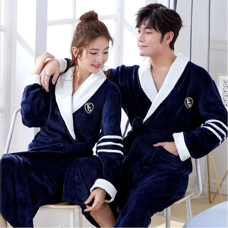 Winter Warmth Embrace: Coral Fleece Kimono Robe for Couples – Stay Cozy with Thick, Warm Nightwear in Sizes M to 3XL