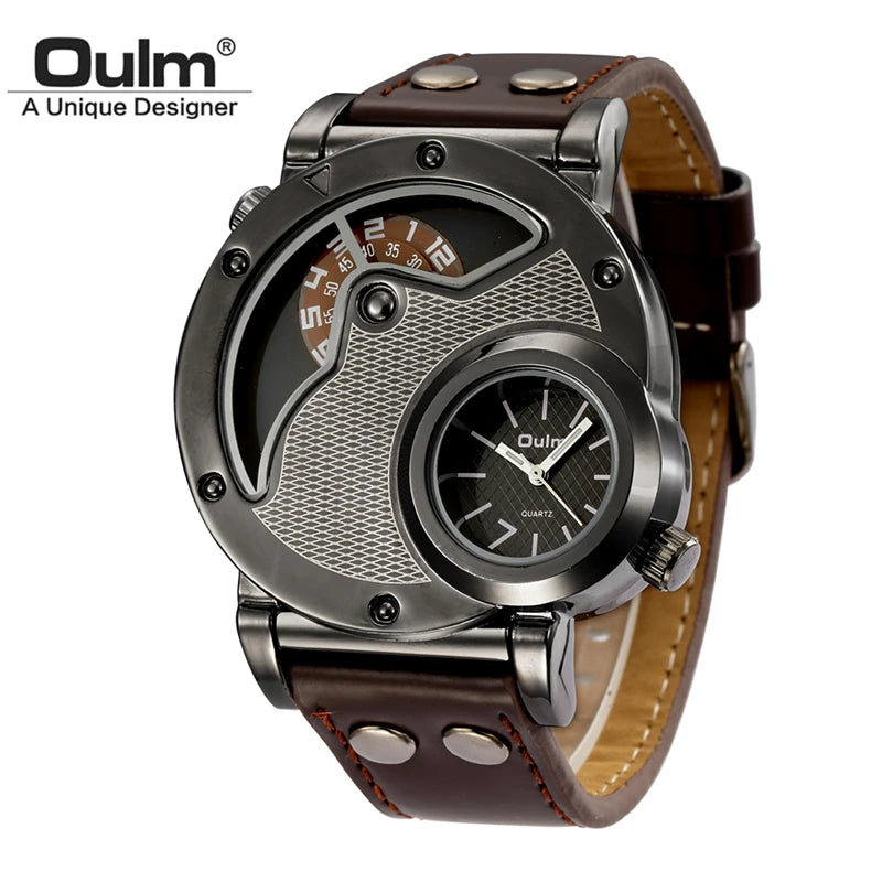 Oulm Dual Time Elegance: Designer Luxury Quartz Watch for Men – A Casual Leather Sport Timepiece, a Symbol of Modern Masculinity