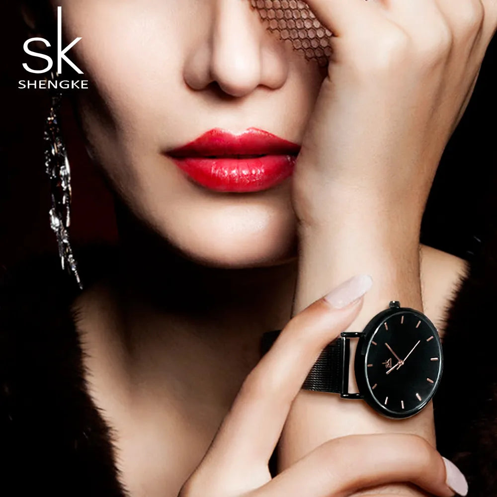 Shengke Ultra-Thin Classic Black Women's Quartz Watch: A Fashion Statement with Adjustable Mesh Strap (Montre Femme)