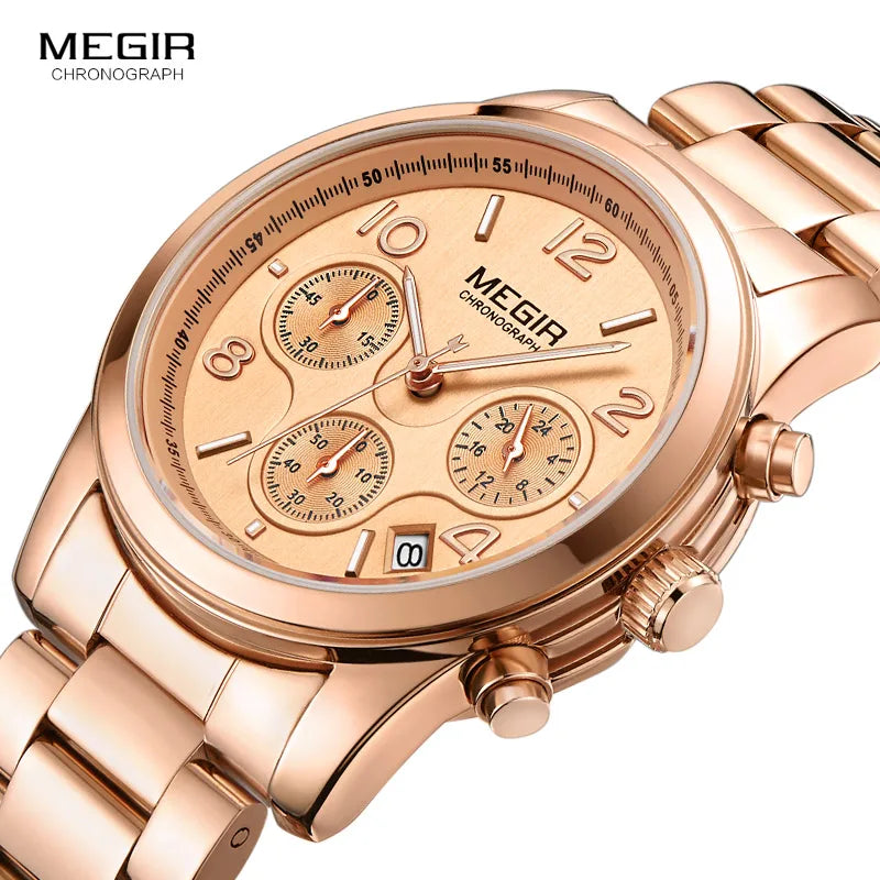 Megir Ladies Watch Chronograph Quartz Watches Women Top Brand Luxury Rose Gold Wristwatch